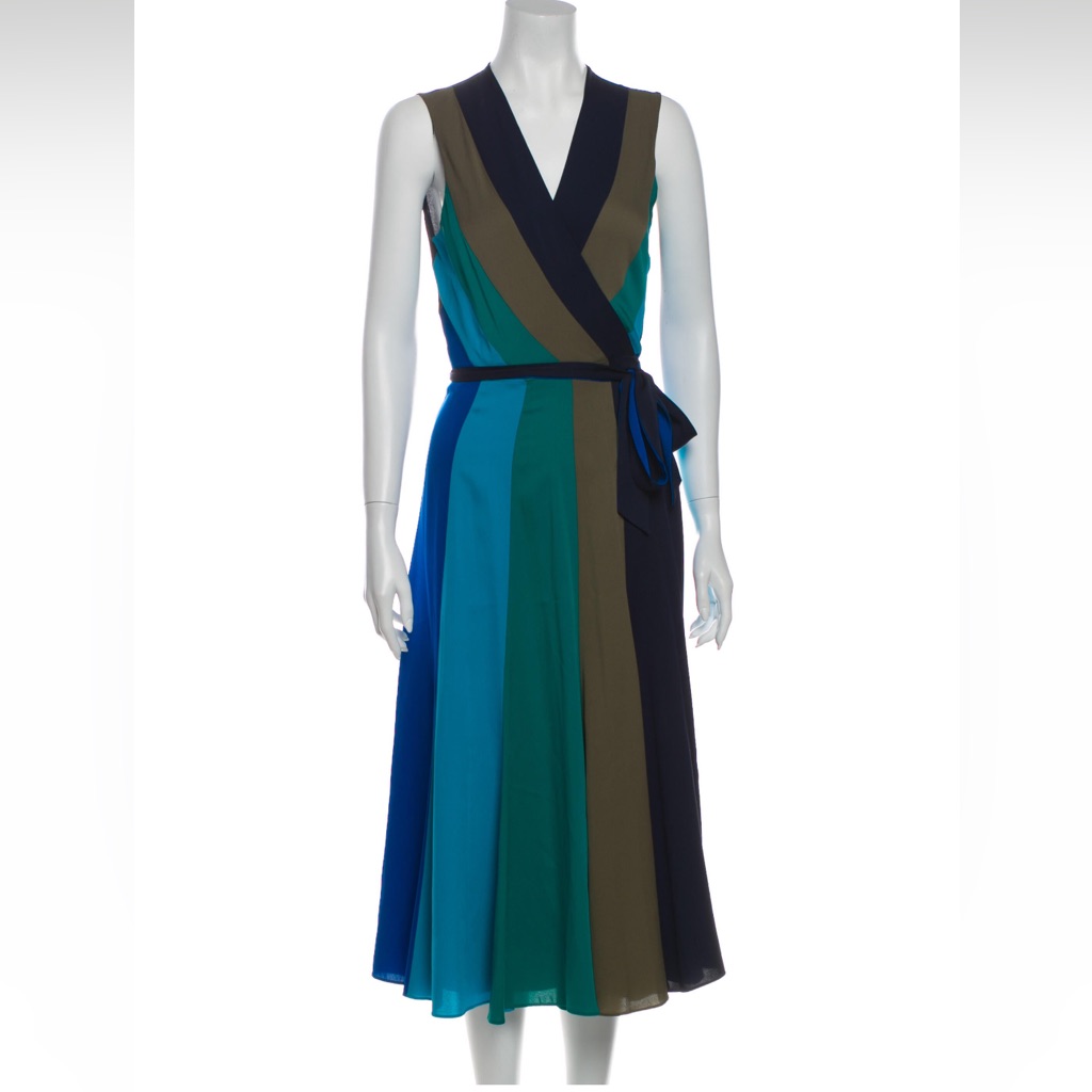 Diane Von Furstenberg Colorblock Striped Midi Length Silk Wrap Dress